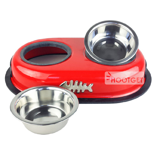 Superior Pet Goods Stainless Steel Fish Emblem Double Bowls - Blue