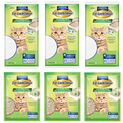 3 x Ezi Lockodour Natural Cat Litter Pellets 2L + 3 x Ezi LockOdour Litter Pads (12PKT)