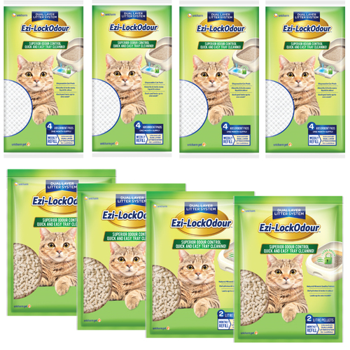 4 x Ezi Lockodour Natural Cat Litter Pellets 2L + 4 x Ezi LockOdour Litter Pads (16PKT)