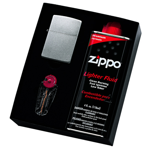 Zippo 205 Satin Chrome Lighter With Fluids & Flints Gift Box