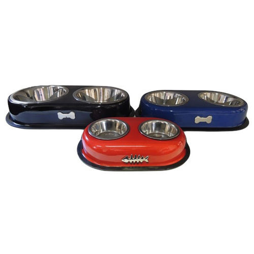 Superior Pet Goods Stainless Steel Bone Emblem Double Bowls - Red / 64oz