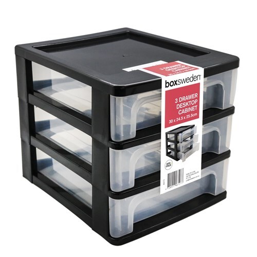 BoxSweden 3 Tier Desktop Drawer Cabinet Office Storage Box Large Black