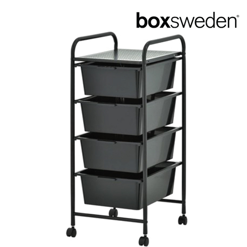 BoxSweden Black Plastic Storage 4 Drawer with Metal Trolley Shelf and Slide