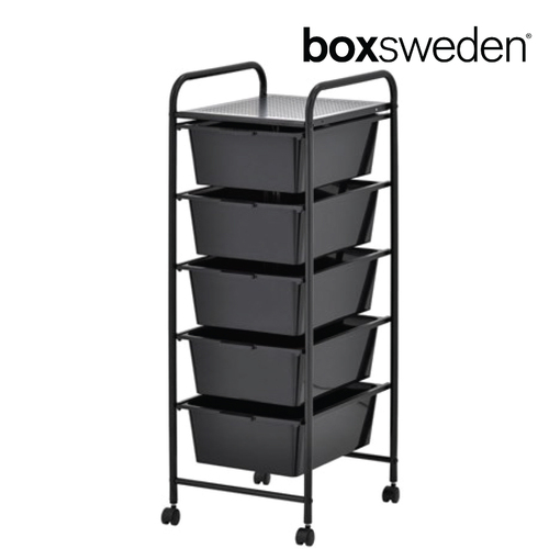 BoxSweden Black Plastic Storage 5 Drawer with Metal Trolley Shelf and Slide