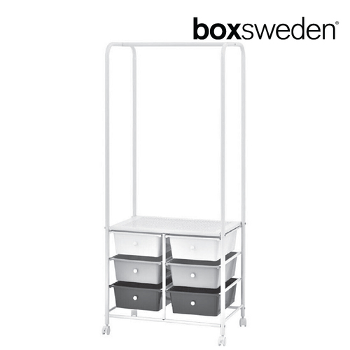 Box Sweden 6 Drawer 115cm Metal Trolley Storage w/ Garment Rack Wheels