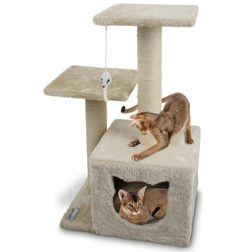 Hideaway Cat Tree Scratching Tower with Toy Double Platform Beige