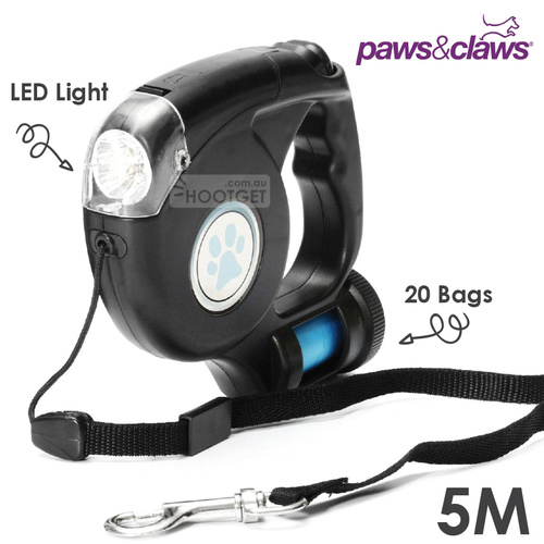 3 In 1 Retractable Dog Lead Leash LED Light Poo Bag Dispenser
