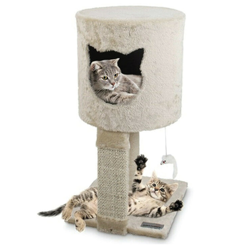 Paws & Claws Hideaway Cat Tree House Scratching Tower with Toy Beige