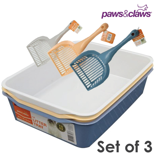 3 x Cat Litter Tray Set Toilet Pan With Scoop